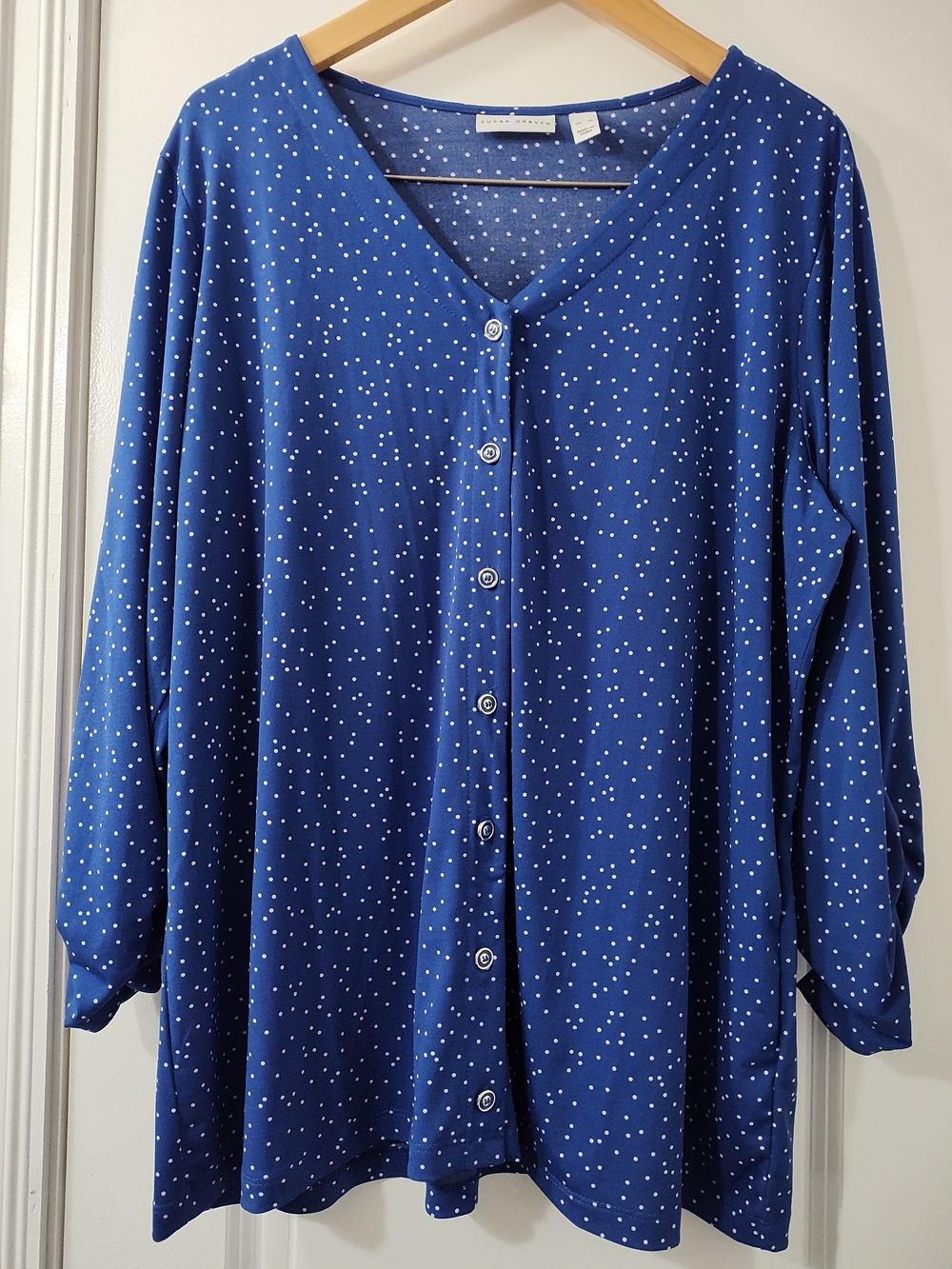 Susan Graver Liquid Knit Blue V-Neck Button-Front Polka Dot Top Quiet Luxury